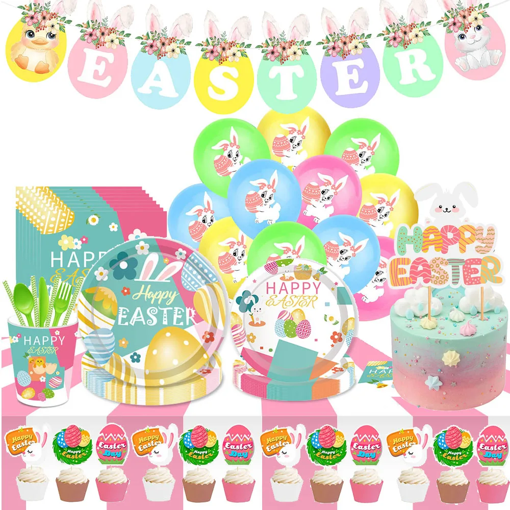 

Happy Easter Banner Bunny Easter Eggs Bunting Balloon Disposable Tableware Plate Cake Toppers Easter Party home Decor Supplier