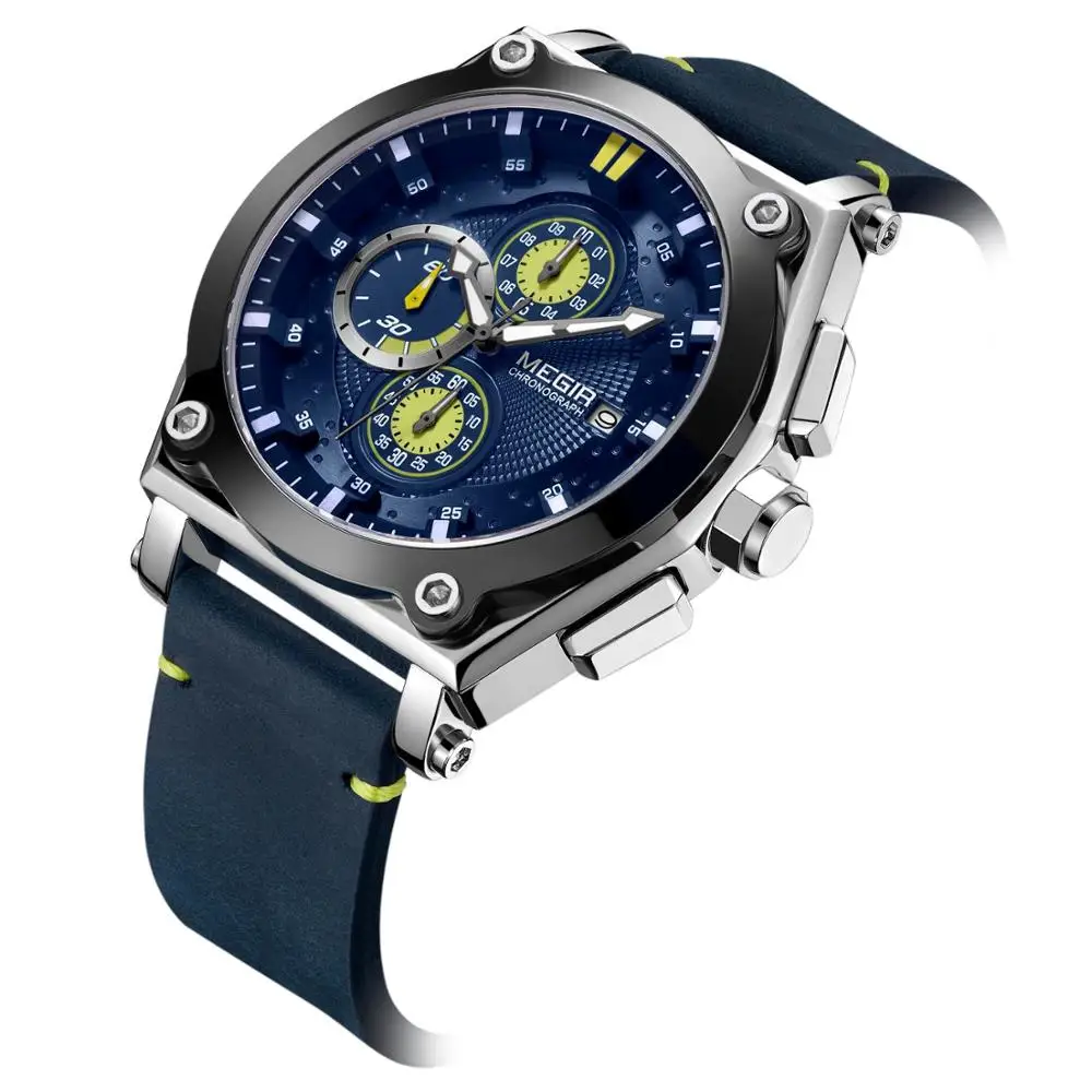 Часы наручные MEGIR Мужские кварцевые Брендовые спортивные с хронографом и кожаным