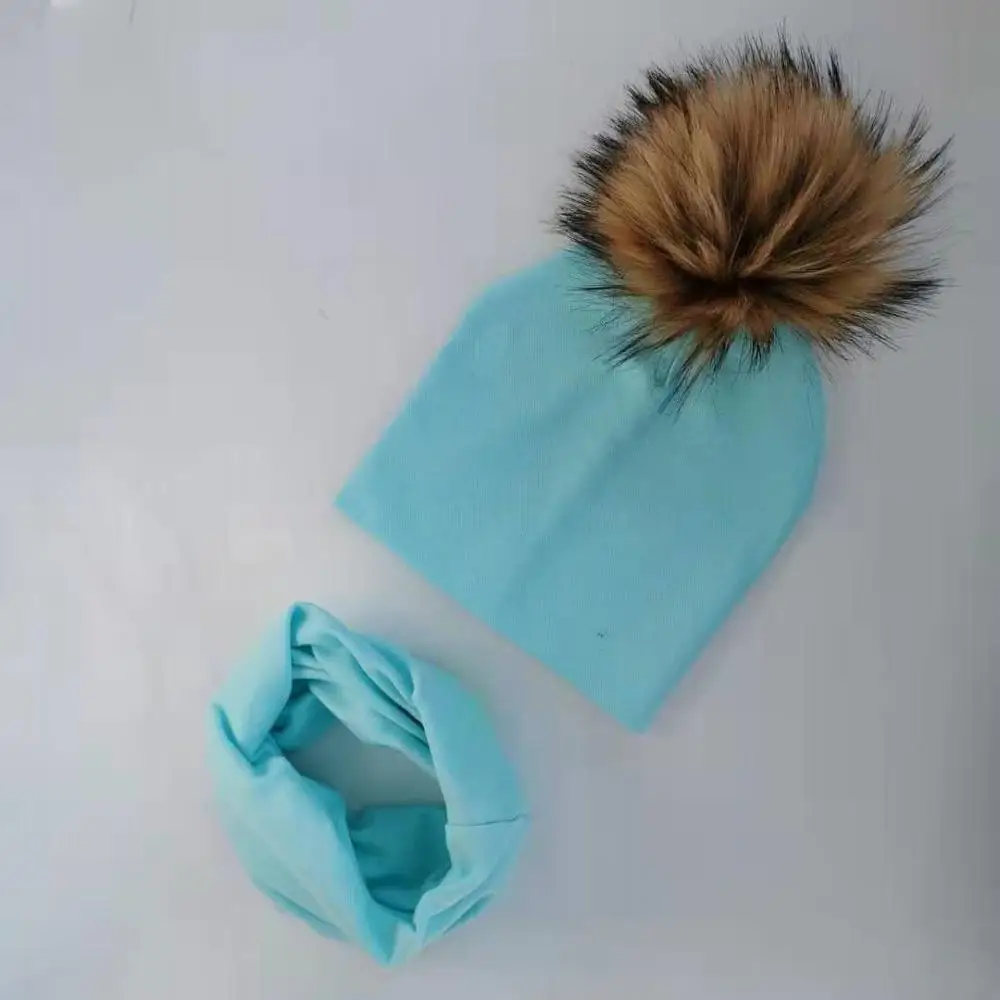 2 light blue Детская шапка с помпонами, осенне-зимние детские шапки для девочек и мальчиков, детская шапочка, шапка с воротником, шарф, комплект, детская шапка, реквизит для фотосессии - Цвет: 2 light blue
