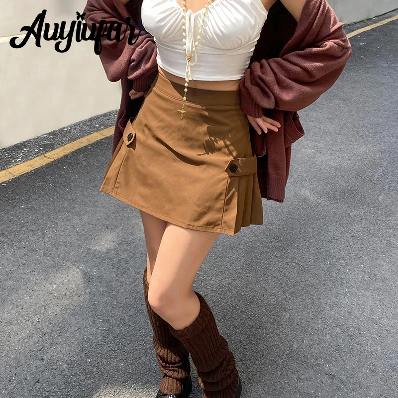 

Auyiufar Solid Grunge Fairycore Mini Skirt Button High Waist Y2K Aesthetic Pleated Skirts Elfcore Casual A Line Streetwear Cloth