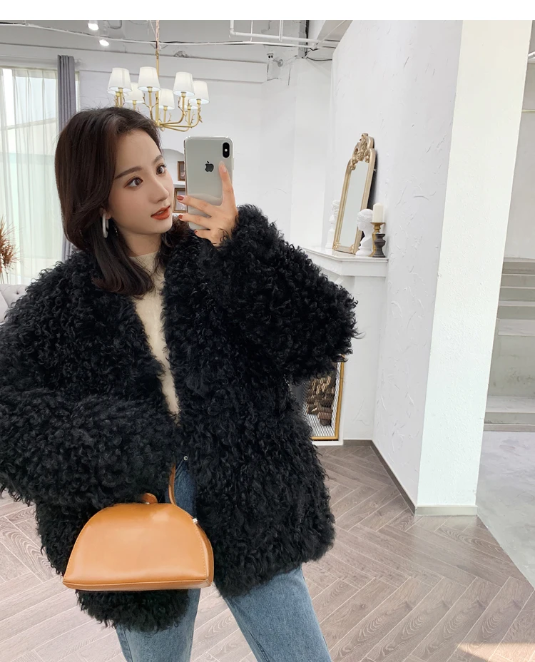 Женское вязаное пальто с длинным рукавом из натурального овечьего меха|Шубы и