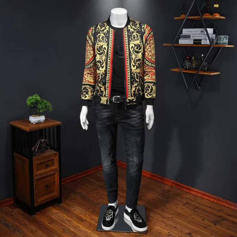 

Mens Vintage Floral Printed Jacket Court Style Stand Collar Spring Tops Casual Party Clubwear Bomber Jacket Plus Size 5XL Coat