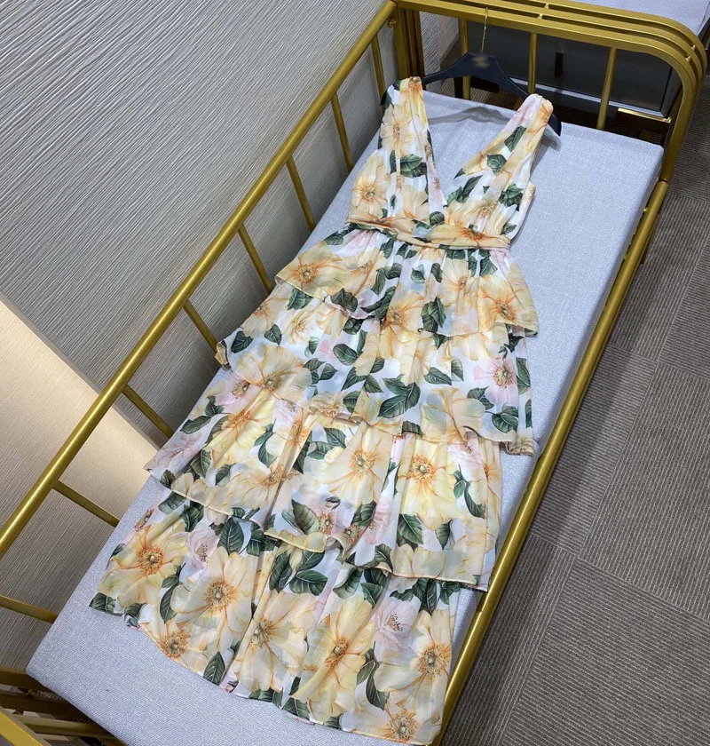 

Женское длинное платье с принтом камелии, подиумное платье с открытой спиной и V-образным вырезом, праздничное платье с оборками, y445, лето 2021