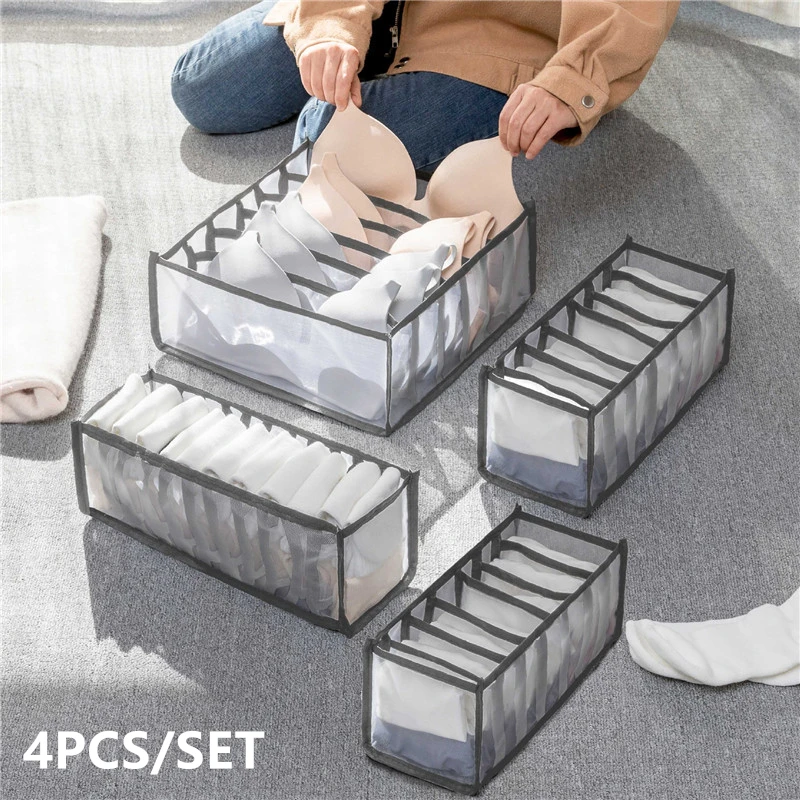 

4Pcs Set Foldable Underwear Storage Box Sock Bra Underpant Organize Drawer Tidy Divider Lattice Mesh Fabric Boxes