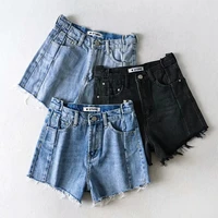 womens denim shorts vintage high waist blue staggered stitching short jeans female casual summer ladies shorts jeans for women