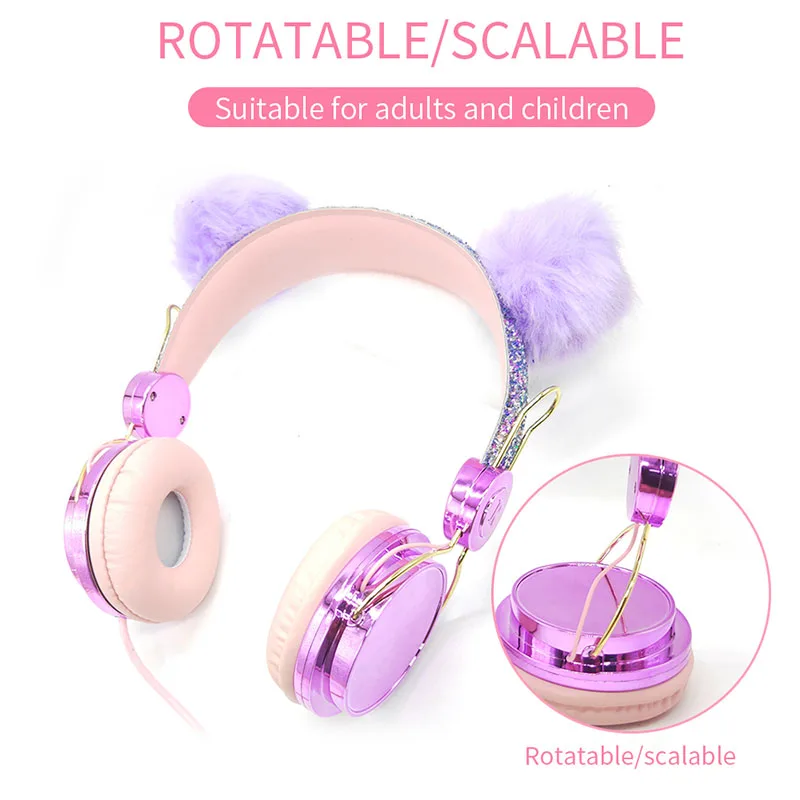 Милый меховой шарик детские наушники с кошачьими ушками для Девочек Музыкальная