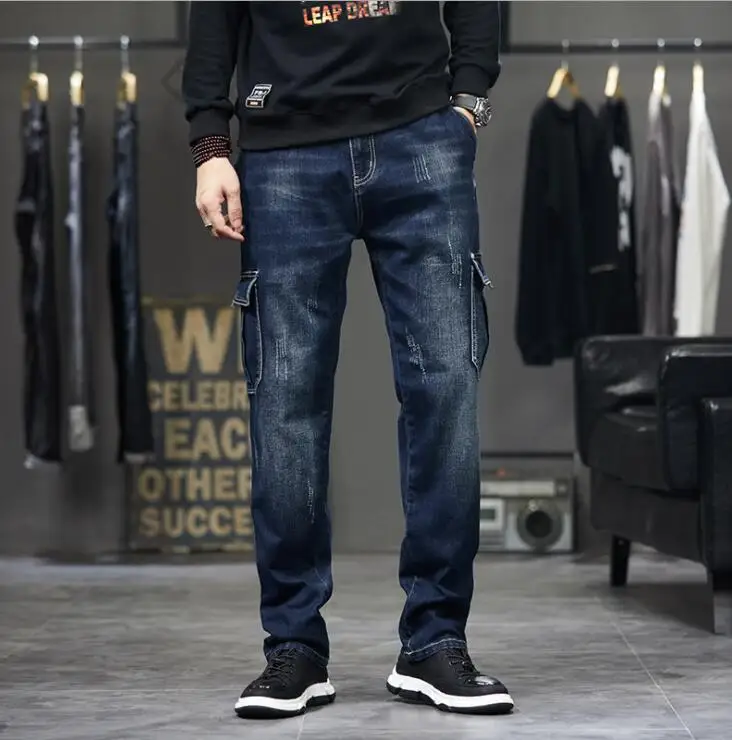 Multi-Pocket Cargo Jeans Men Military Denim Pants Loose Wear-Resistant Stretch Jeans Oversize Size 28-44 Jeans Men