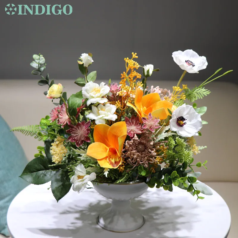 

INDIGO Designed - 1 Set With Vase Orange Cymbidium Chrysanthemum Artificial Flower Arrangement Bonsai Bouquet Centerpiece