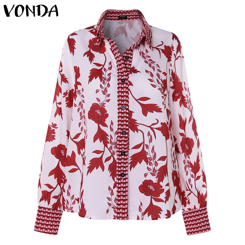 VONDA, женские блузки,, Ретро стиль, цветочный принт, рубашки, повседневные, свободные, размера плюс, топы, сексуальные, v-образный вырез, длинный рукав, Blusas Femininas