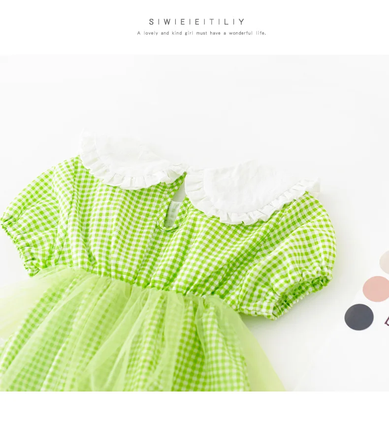 

WLG Baby Girl Clothes Toddler Green Short Sleeve Mesh Plaid Romper New Born Girl Casual Rompers for 6-24M