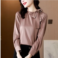 2202 new fashion womens blouse vintage tops women bow tie woman clothing blue stand neck long sleeve basic ladies top ol blouse