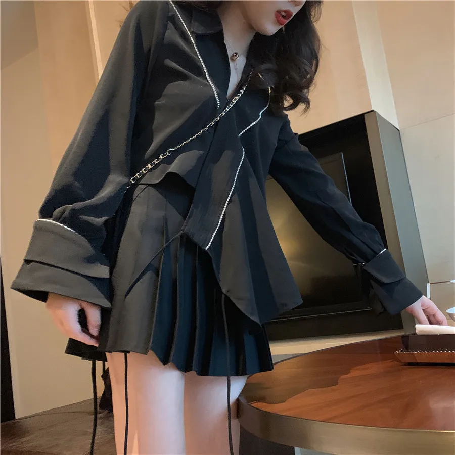High Street Sets Women Black Asymmetrical Jacket Tops + Waist Pleated Skirt Spring Autumn New Vintage Fashion Two Piece Set |