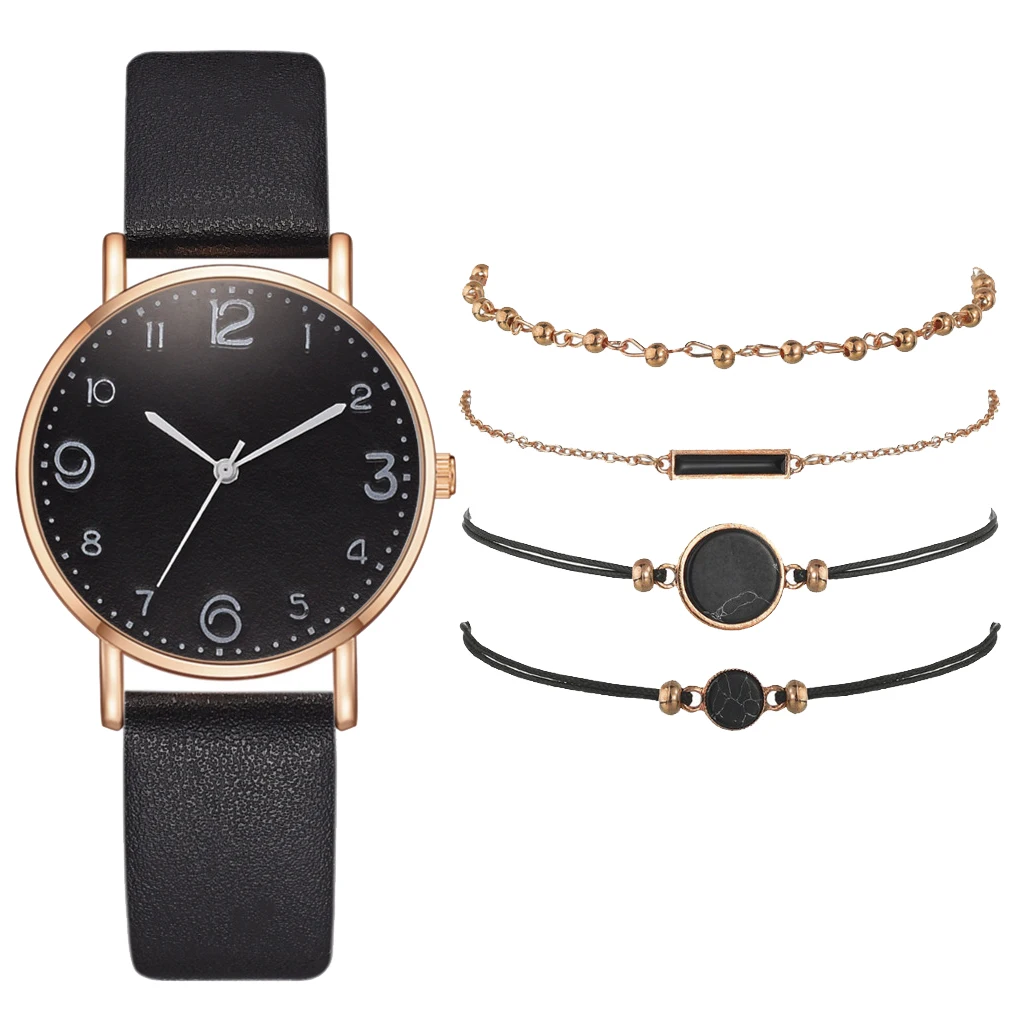 

5pcs Set Watch For Women Luxury Leather Analog Ladies Quartz Wrist Watch Top Style Fashion Bracelet Watch Set Relogio Feminino