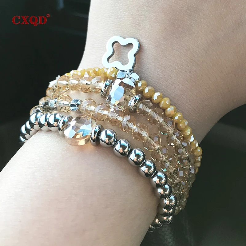 

CXQD Fashion Stainless Steel Crystal Beaded Elastic Bracelet for Women Popular Glass Bracelet Handmade Jewelry Gift