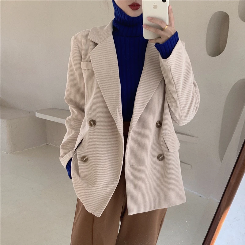 Женский вельветовый Блейзер свободный двубортный пиджак верхняя одежда 2019 |