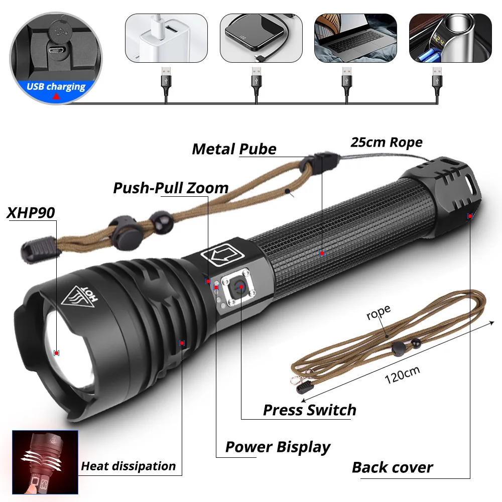 XHP90 самый мощный светодиодный фонарик с зарядкой от USB XHP50 XHP70 ручная лампа 26650 18650