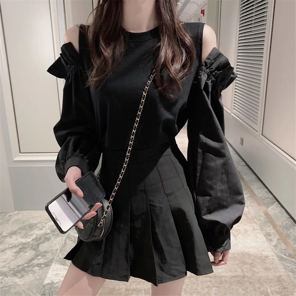 

lantern sleeve o-neck patchwork full sweet tops hollow out off shoulder shirts Spring and autumn Women's Clothing tops fashion