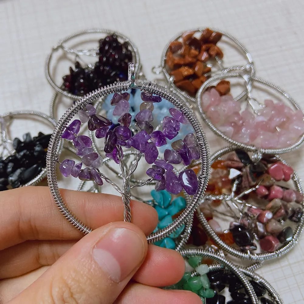 

7 Chakra Natural Stone Pendant Tree of Life Pendulum for Healing Crystal Quartz Necklace Couple Pendant Reiki Jewelry Gift Women