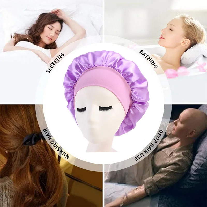 

New Fashion Women Satin Night Sleep Cap Hair Bonnet Hat Silk Head Cover Wide Elastic Band Hot