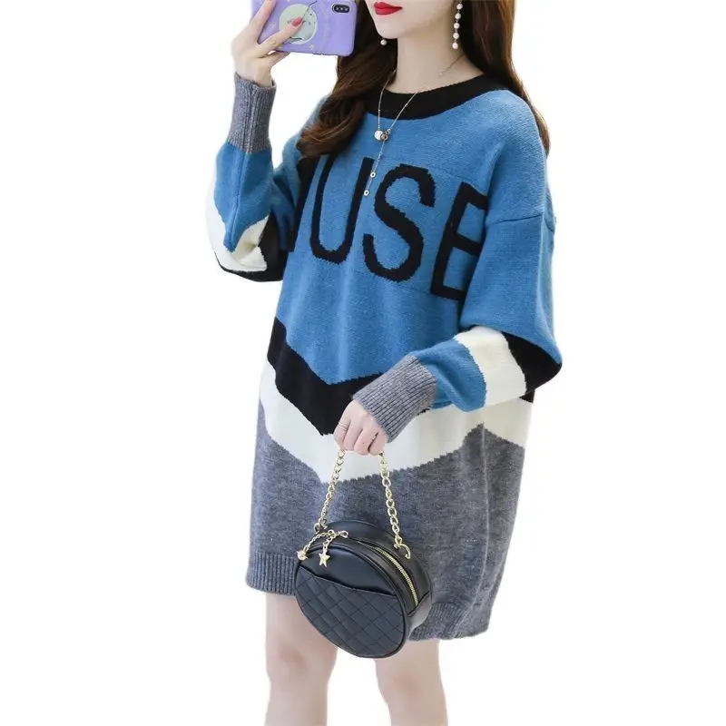 

Vintage Y2K Oversized Letter Sweater Long Top Women Casual Clothing Winter Knitted Pullover Sweater Woman Plus Size Jumper