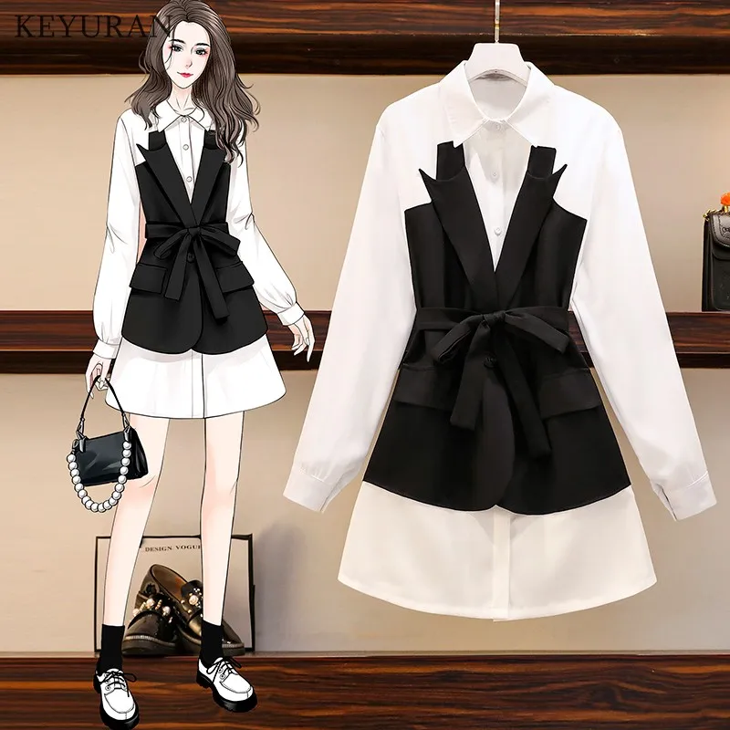 

Fake two Piece Patchwork Mini Dress Female Autumn Lapel Long Sleeve Sashes Workwear Dresses Office Lady Plus size 5XL Vestidos