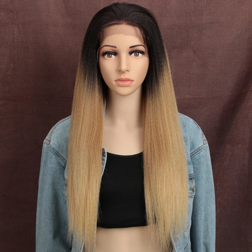 Yaki Lace Frontal Wig 13*4 Straight with Baby Hair 26Inch Wigs For Black Women Synthetic Ombre Colors Free Part | Шиньоны и парики