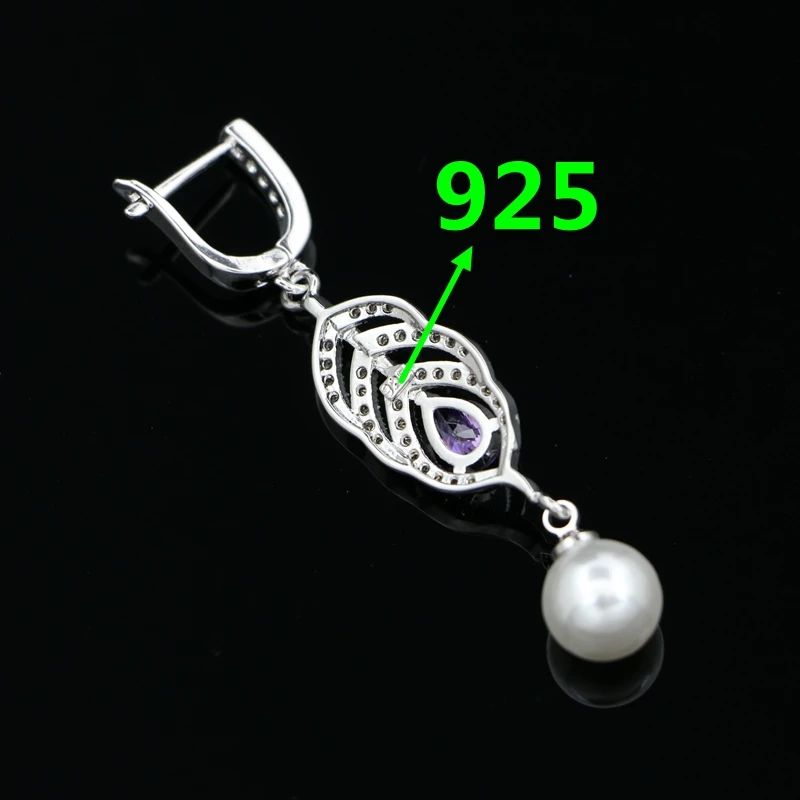

925 Silver Bridal Earrings For Women Wedding White Pearl Purple Cubic Zirconia Drop Earrings