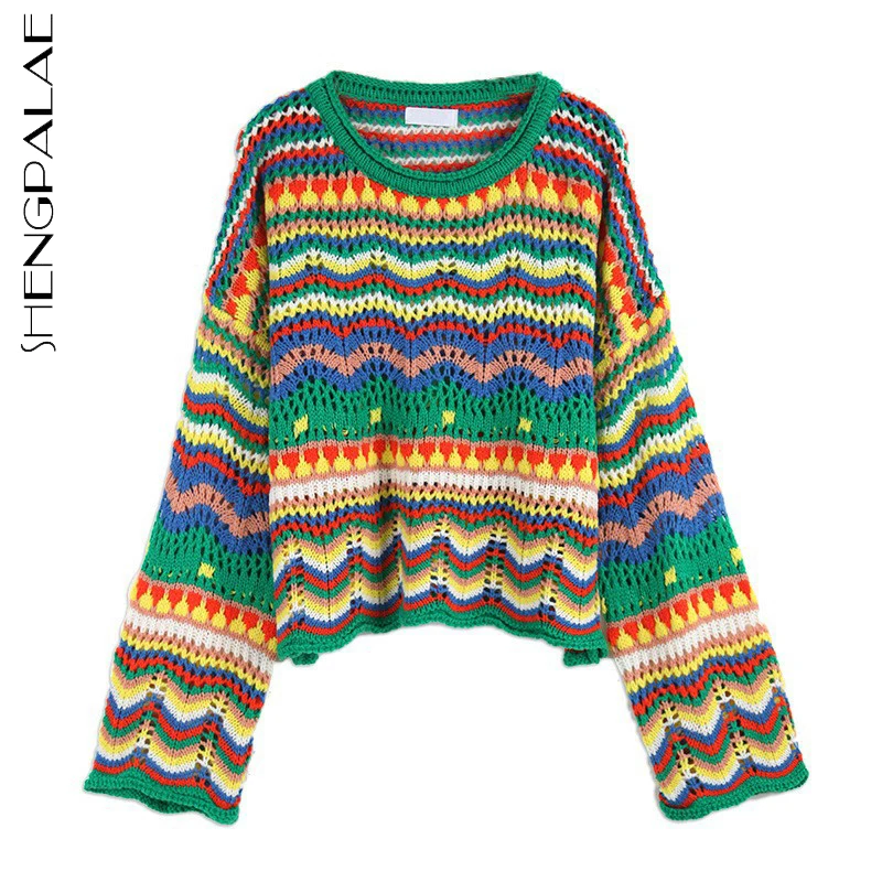 

SHENGPALAE модный шикарный полосатый вязаный пуловер для женщин осень 2021 Новый Круглый Вырез Свободный ажурный свитер с длинным рукавом женский