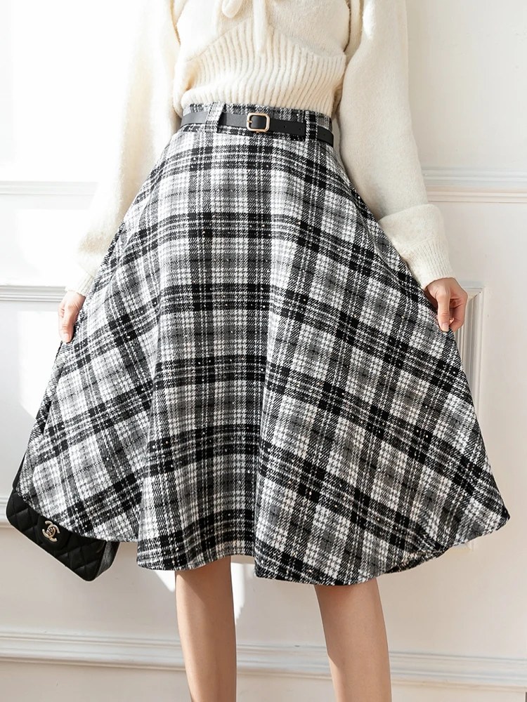 

Женская теплая шерстяная юбка TIGENA, элегантная винтажная клетчатая трапециевидная юбка до колен с высокой талией в Корейском стиле на осень-...