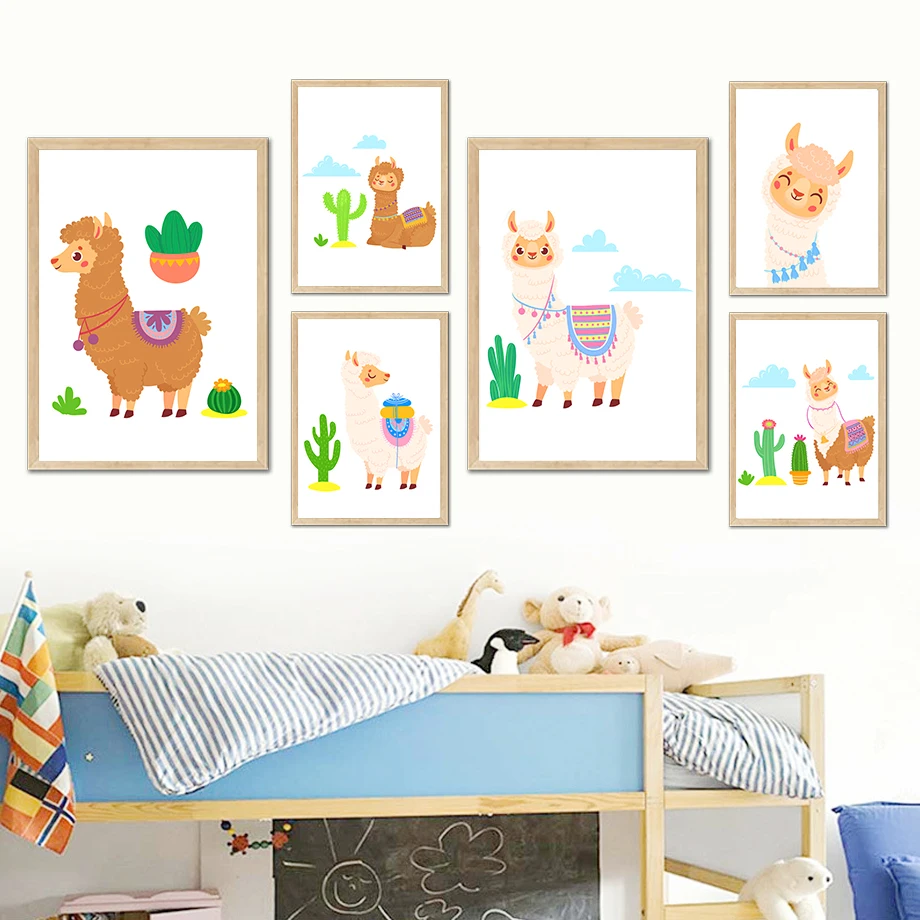 

Alpaca Llama Cactus Desert Animal Flora Wall Art Canvas Painting Nordic Posters And Prints Wall Pictures Kids Kawaii Room Decor