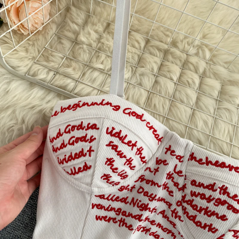 

Foamlina Fashion Women Letters Embroidery Crop Top Padded Adjustable Strap Sleeveless Summer Tops Female Harajuku Streetwear