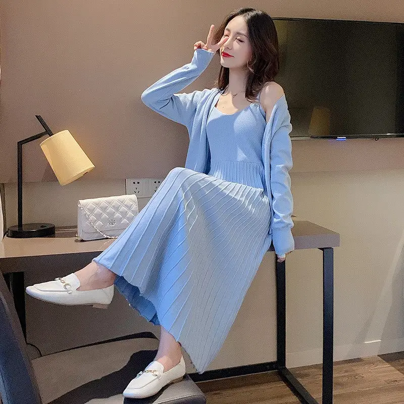 

Pregnant Women Autumn Dress Suit Fashion New Loose Strap Dress Knit Cardigan 2 Piece Outfits For Women Pleated Casual Knitwear f