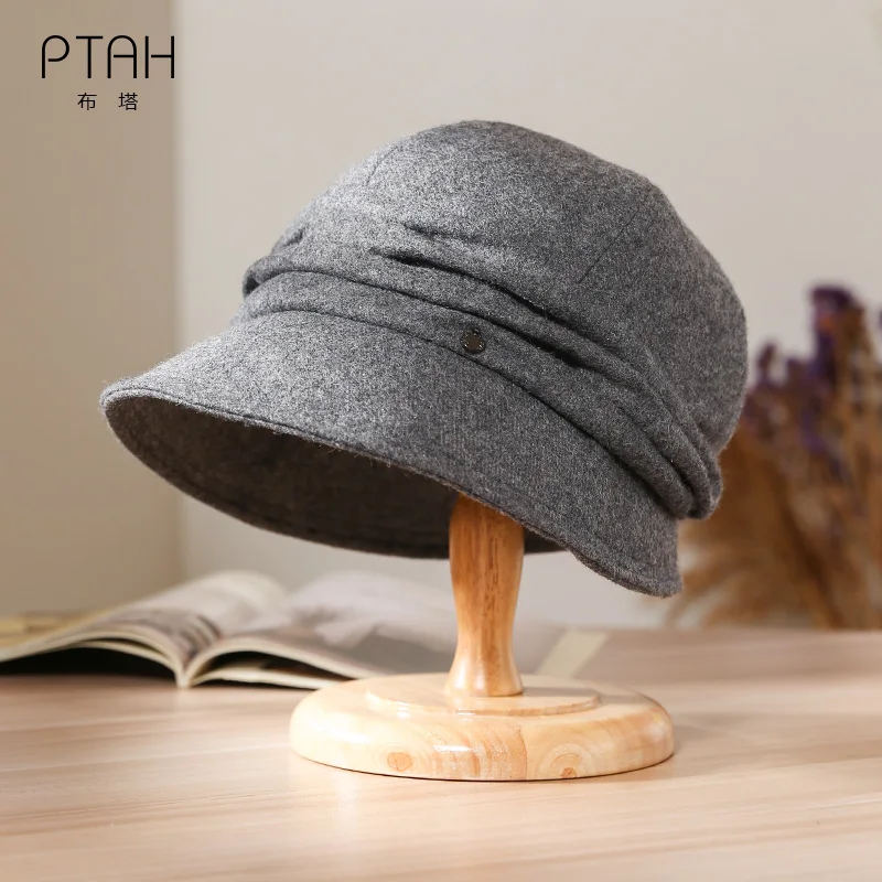 

[PTAH] Autumn Winter Felt Hats Fedora Accessories British Style Vintage Church Hats Ladies Fedora Extra Wide Brim Hats For Women