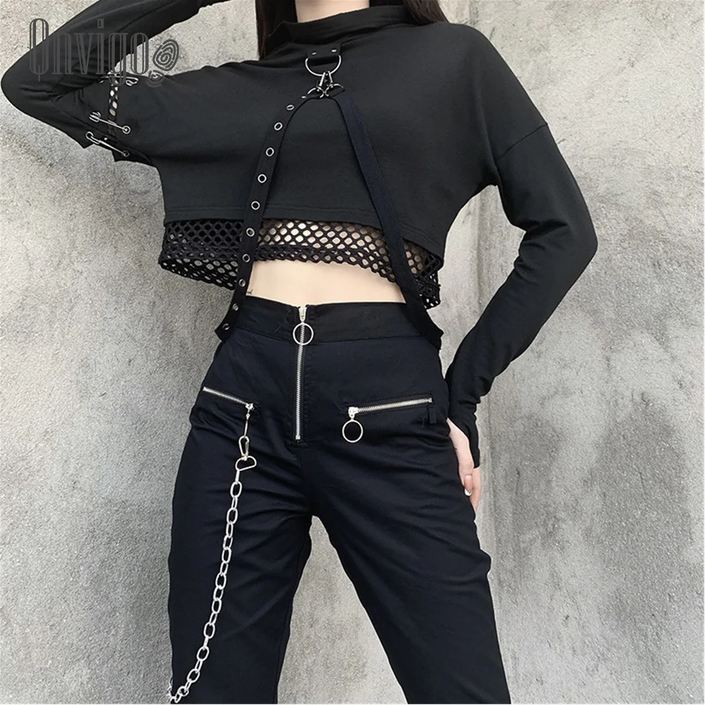 

Qnvigo Dark Hoodie Punk Stitching Long-sleeved Chain Hole HipHop Locomotive Autumn 2020 New Tops Strappy Tops Hoodie