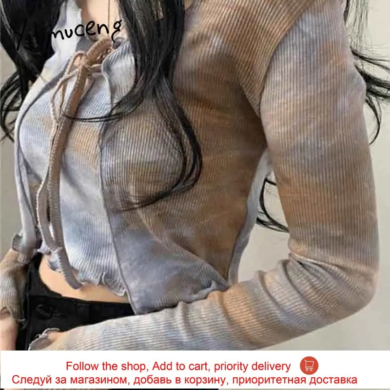 

Yitimuceng 2 Piece Strapless and Cardigan Tees Suit Women Tie Dye Skinny Gray Blue Green Tops 2021 Spring Summer Fashion
