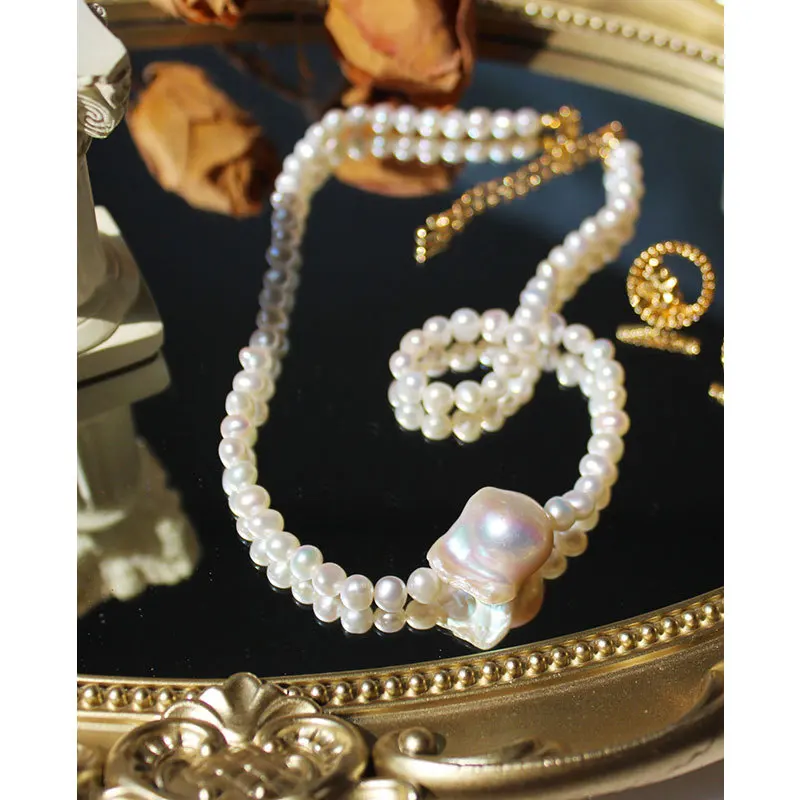

Ожерелье из жемчуга в стиле ретро, французская мода, Пресноводный Жемчуг, темпераментное ожерелье до ключиц в форме барокко, цепочка с эстет...