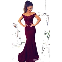 sexy burgundy mermaid bridesmaid dress lace wedding gowns sweep train elastic silk like satin tulle with applique sequins