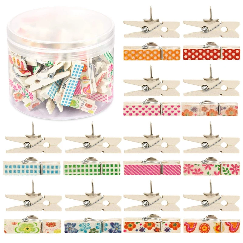 

Push Pins with Wooden Clips, 50Pcs Thumbtacks Pushpins Paper Clips Clothespins for Cork Boards Notes Photos Display Wall