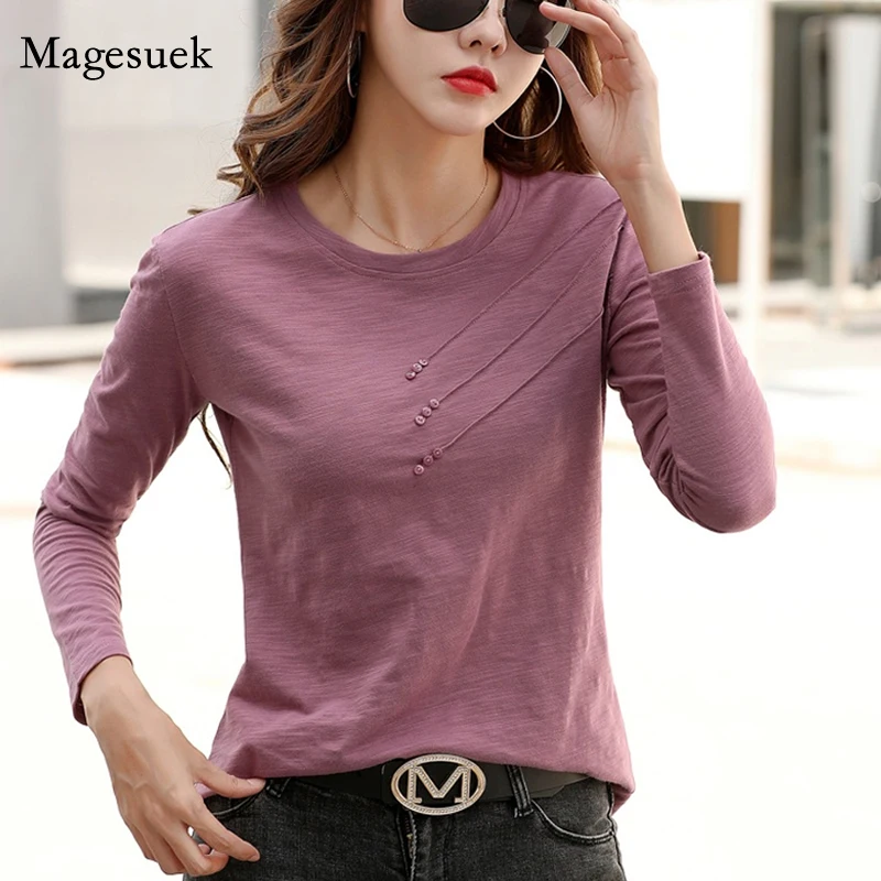 

2021 Autumn Slim Cotton Bottoming Tshirt Simple Long Sleeve Shirt Women Solid O-Neck T Shirt Loose New Office Lady Clothes 10710