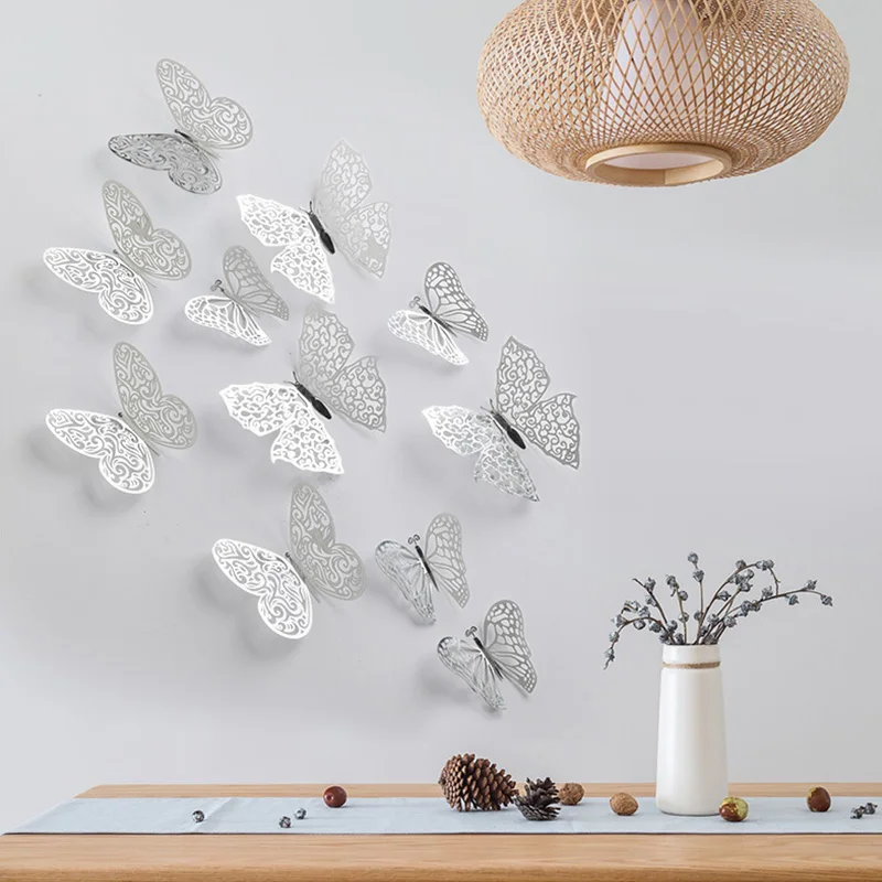 

12pcs 3D Metal Texture Hollow Butterfly Wall Stickers Three-dimensional Butterfly Home Butterfly Sticker Decoration