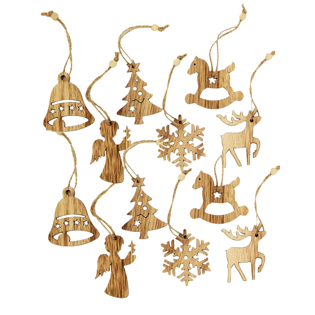 12 Pieces Assorted Wooden Shapes Christmas Tree Ornament Xmas Hanging Bell Snowflake Decoration Gifts Vintage Style | Дом и сад
