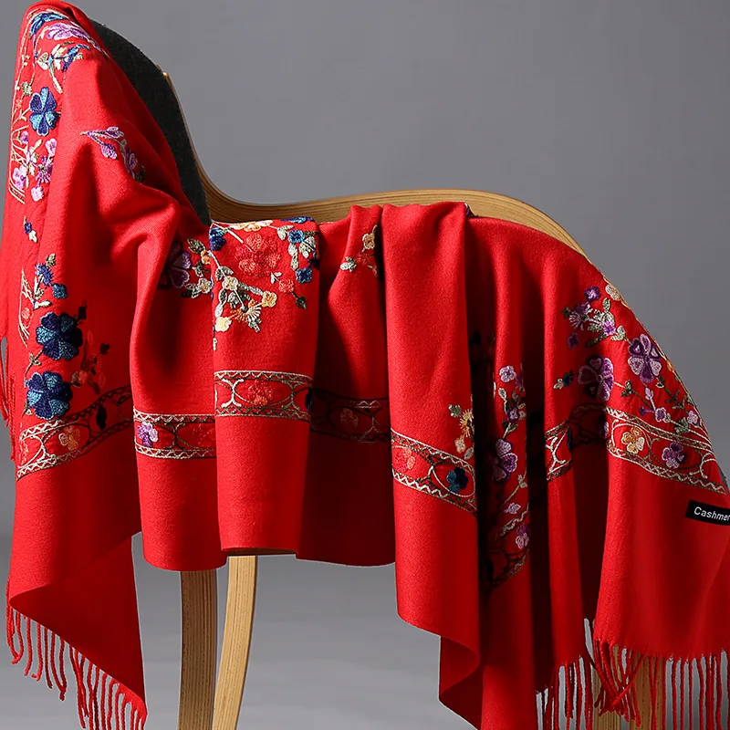 

Oversized New Winter Warm Solid Scarf For Women/Lady Soft Cashmere Pashmina Shawls Flower Embroidery Cashmere Female Wraps Capes