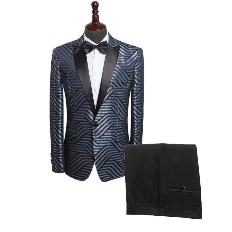 

Модные мужские костюмы, облегающий Блейзер и брюки в синюю полоску, свадебный костюм из двух предметов, мужские повседневные Костюмы, новей...