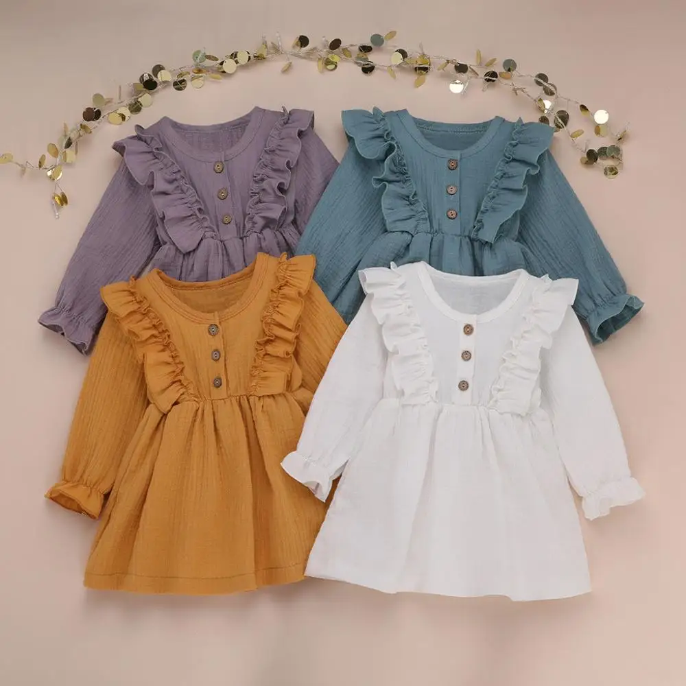 Solid Color Ruffles Children'S Dress fly Long Sleeve Knee-Length dress Linen Button Princess Sukienka Dziewczynka | Детская одежда