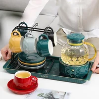 Ceramic Coffee Set Nordic Green Can Be Heated Pot Cup Tray Cups Holder Flower Tea Set Household Kitchen Supplies Afternoon Tea