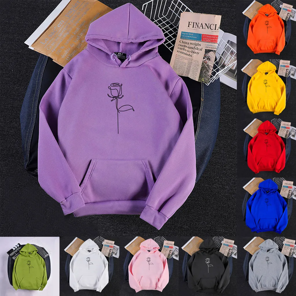 

Oversized Hoodie Harajuku Pink Pullovers Lovely Kawaii Casual Tops Women's Hooded Rose Print Sweatshirt Pullovers Top 2020 Z0713