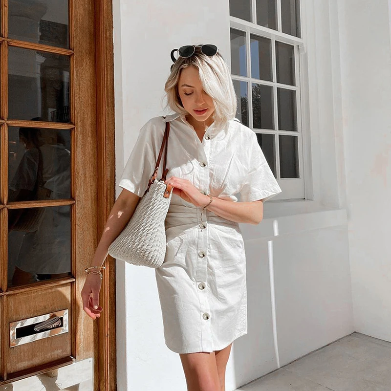 

Shyloli High Waist Slim White Shirt Dress Short Sleeve Turn Down Collar Button Elegant Mini Dress 2021 Fashion For Office Lady