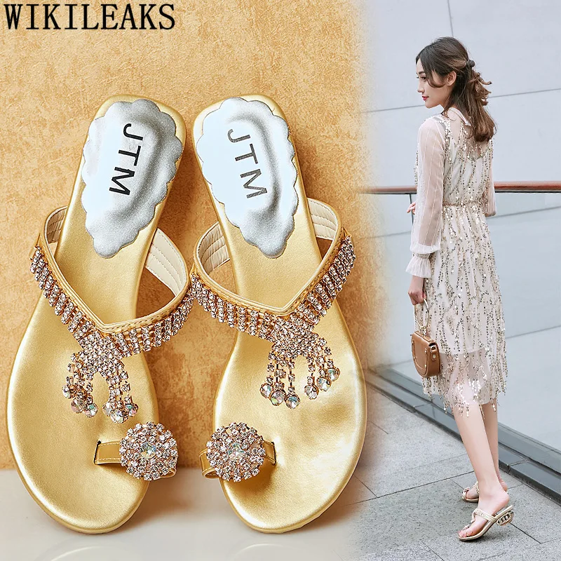 Пляжная обувь золотистого и серебристого цвета Женские сандалии со стразами