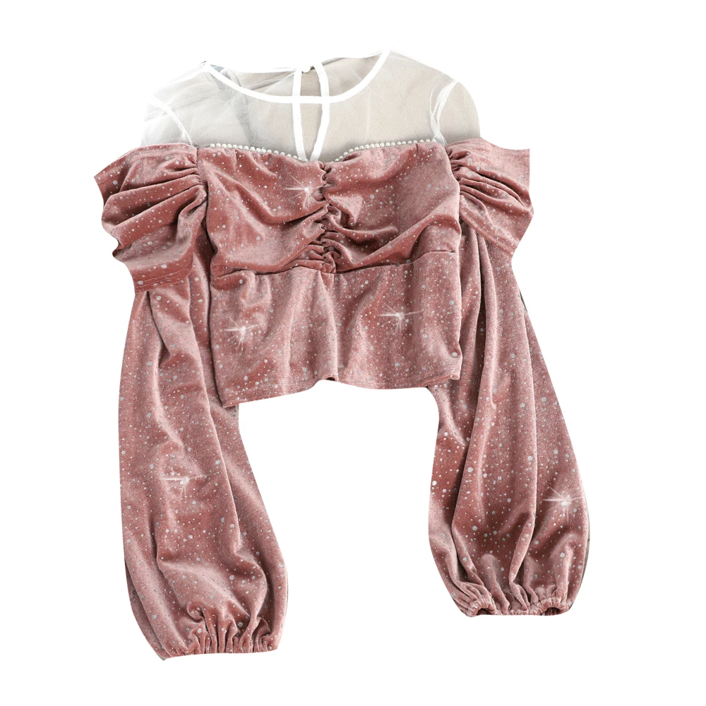 High waist slim short pleated snowflake wave point blouse light temperament mesh stitching lantern sleeve | Женская одежда