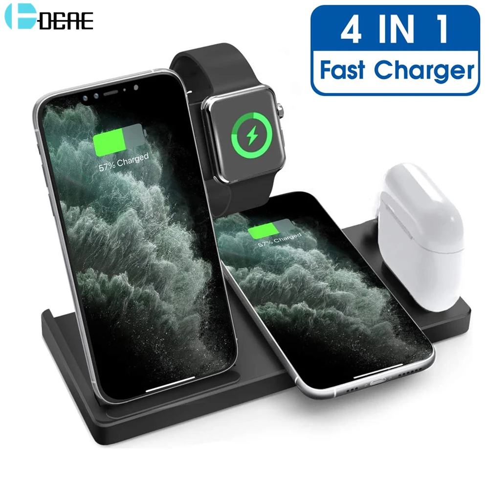 15W Qi Wireless Charger 4 in 1 Fast Charging Station for Apple Watch 7 6 5 4 iPhone 13 12 11 XS MAX XR X 8 Airpods Pro Stand Pad